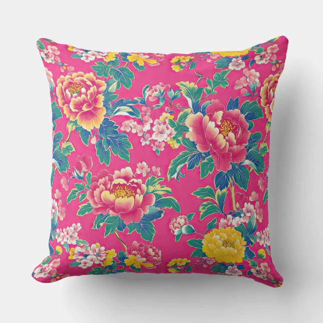 Vinbrant Pink Chinoiserie Floral Kussen (Voorkant)