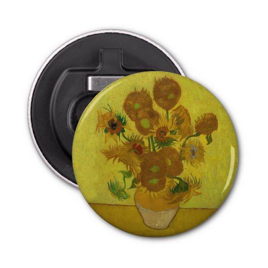 Vincent Van Gogh 15 zonnebloemen schilderen Button Flesopener (Voorkant)