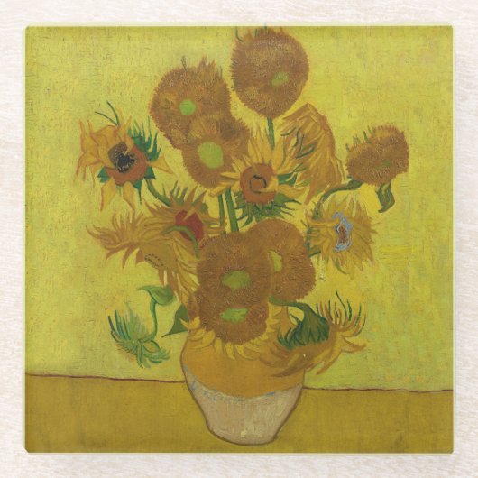 Vincent Van Gogh 15 zonnebloemen schilderen Glazen Onderzetter (Voorkant)