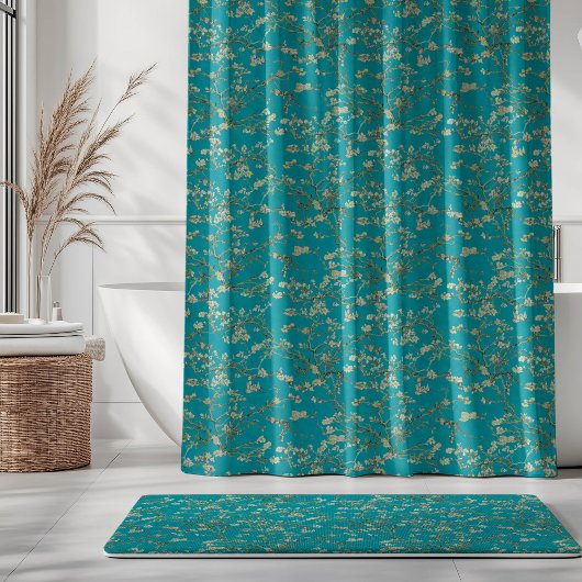 Vincent Van Gogh Almond Blossom on Teal Blue Douchegordijn