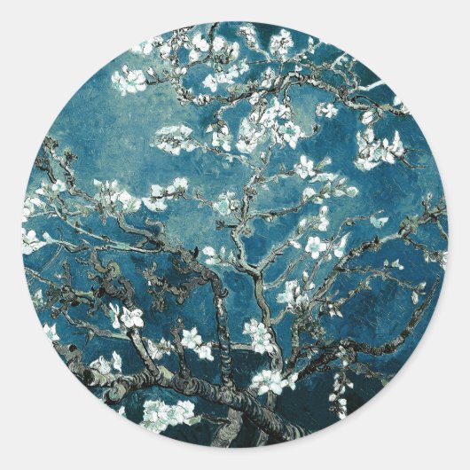 Vincent Van Gogh Almond Blossoms Dark Blauwgroen Ronde Sticker (Voorkant)