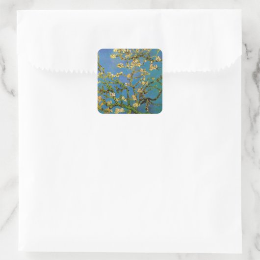 Vincent van Gogh - Bloeiende amandelboom Vierkante Sticker (Tas)