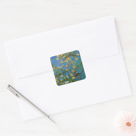 Vincent van Gogh - Bloeiende amandelboom Vierkante Sticker (Envelop)