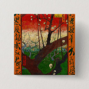 Vincent van Gogh - Bloeiende pruimenboomgaard Vierkante Button 5,1 Cm