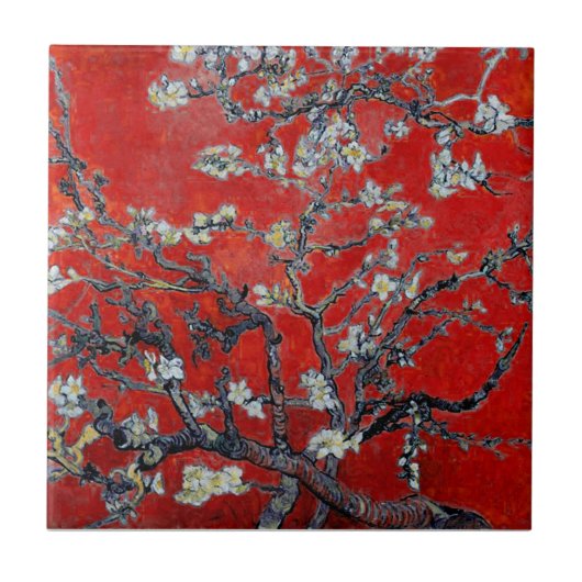 Vincent van Gogh Branches met Almond Blossom Red Tegeltje (Voorkant)