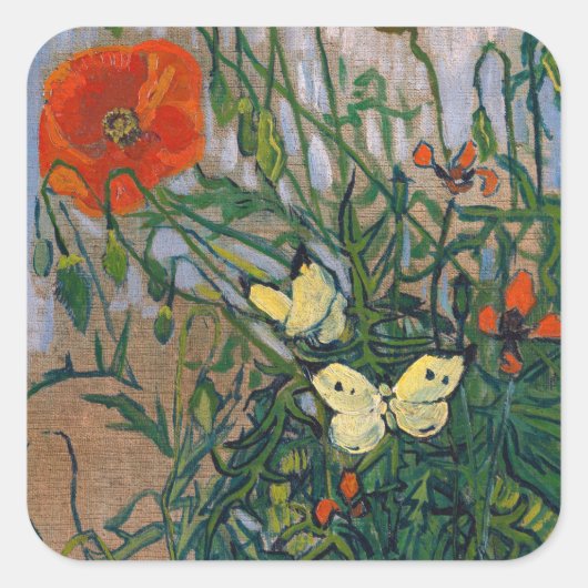 Vincent van Gogh - Butterflies en Poppies Vierkante Sticker (Voorkant)