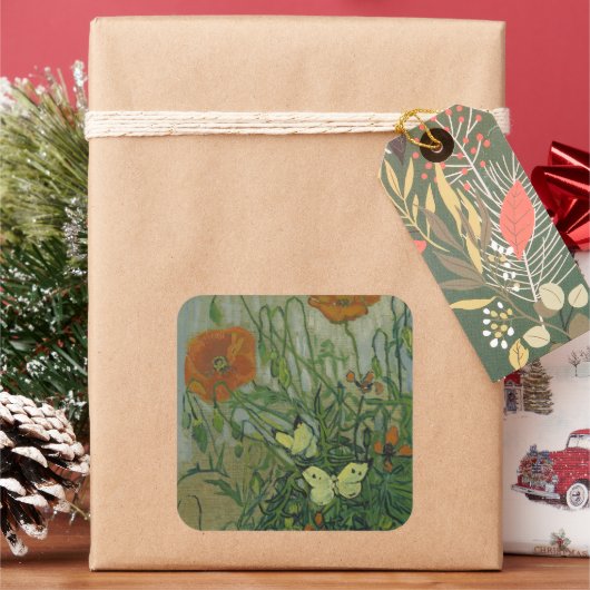 Vincent van Gogh - Butterflies en Poppies Vierkante Sticker (Feestdagen)