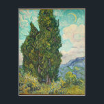 Vincent Van Gogh Cypresses Briefkaart<br><div class="desc">Prachtige kunst beroemde impressionistische schilder Vincent Van Gogh. Deze impressionistische kunst kenmerkt cypersbomen in een gebied voor het ronddraaien van wolken en een maan aan de hemel. De teals, de geelten en de groenen zijn prachtig.</div>