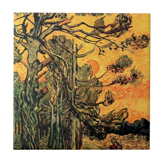 Vincent Van Gogh - Dennenbomen tegen een rode luch Tegeltje (Voorkant)