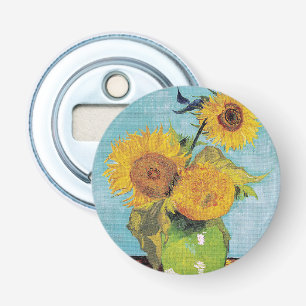Vincent Van Gogh - Drie zonnebloemen in een vaas Button Flesopener