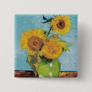 Vincent Van Gogh - Drie zonnebloemen in een vaas Vierkante Button 5,1 Cm