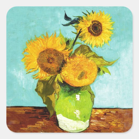 Vincent Van Gogh drie zonnebloemen in een vaas Vierkante Sticker (Voorkant)