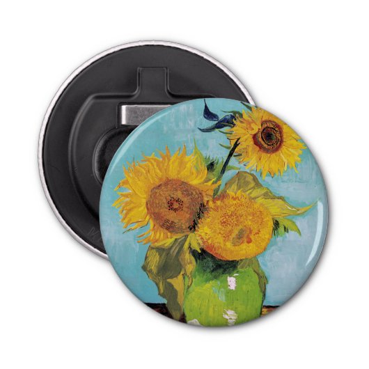 Vincent Van Gogh - Drie zonnebloemen in een Vase Button Flesopener (Voorkant)