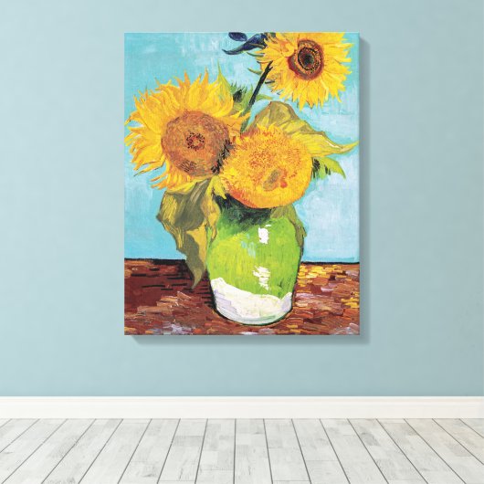 Vincent Van Gogh - Drie zonnebloemen in een Vase Canvas Afdruk (Insitu (Houten vloer))