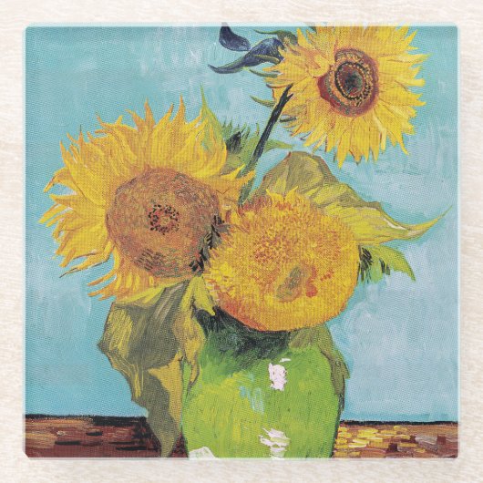 Vincent Van Gogh - Drie zonnebloemen in een Vase Glazen Onderzetter (Voorkant)