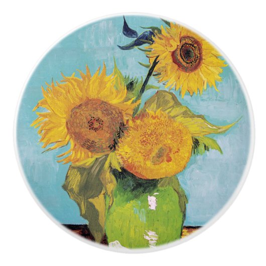 Vincent Van Gogh - Drie zonnebloemen in een Vase Keramische Knop (Voorkant)