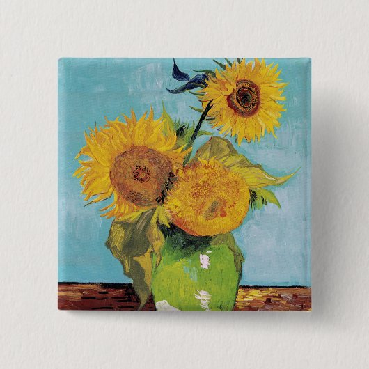 Vincent Van Gogh - Drie zonnebloemen in een Vase Vierkante Button 5,1 Cm (Voorkant)