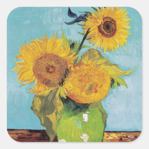 Vincent Van Gogh - Drie zonnebloemen in een Vase Vierkante Sticker