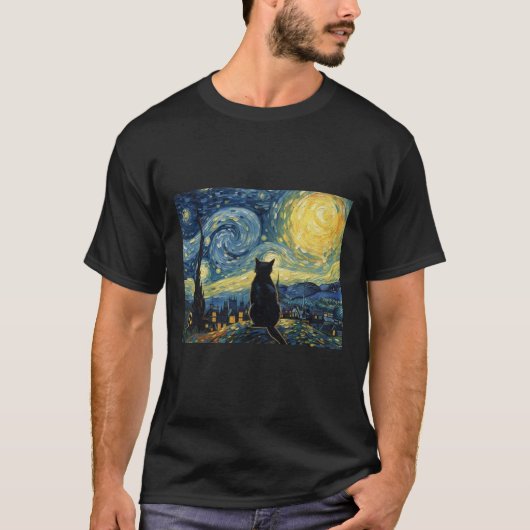Vincent Van Gogh Inspired Starry Night Kitten Silh T-shirt (Voorkant)