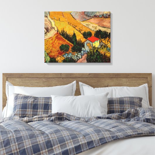 Vincent van Gogh - Landschap, Huis en ploegenman Canvas Afdruk (Insitu (Slaapkamer))