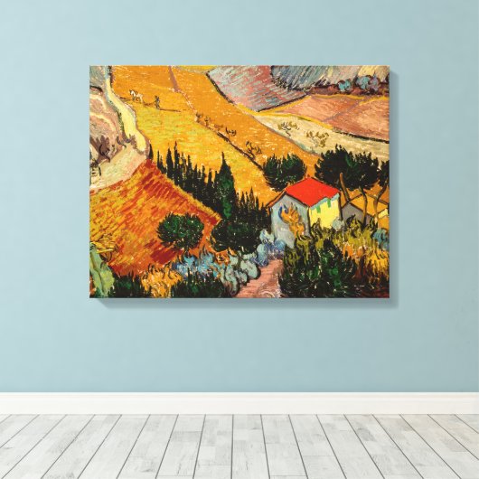 Vincent van Gogh - Landschap, Huis en ploegenman Canvas Afdruk (Insitu (Houten vloer))