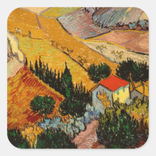 Vincent van Gogh - Landschap, Huis en ploegenman Vierkante Sticker