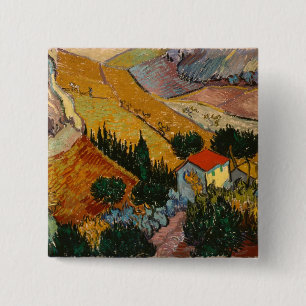 Vincent van Gogh   Landschap met House & Plowman Vierkante Button 5,1 Cm