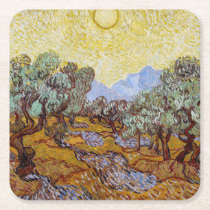 Vincent van Gogh - Olijfbomen, Gele Lucht en Zon Kartonnen Onderzetters
