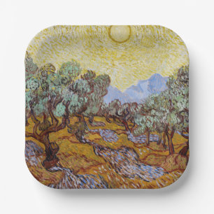 Vincent van Gogh - Olijfbomen, Gele Lucht en Zon Papieren Bordje