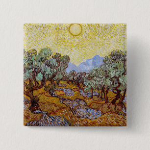 Vincent van Gogh - Olijfbomen, Gele Lucht en Zon Vierkante Button 5,1 Cm