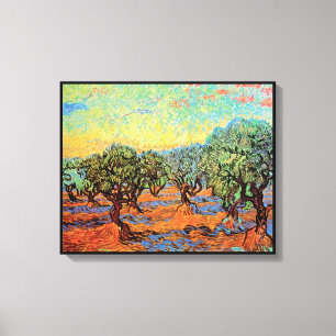 Vincent Van Gogh - Olijfgrove met Oranje Sky Canvas Afdruk
