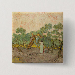 Vincent van Gogh - Olijven plukkende vrouwen Vierkante Button 5,1 Cm