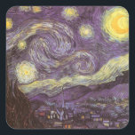 Vincent van Gogh - Sterrennacht Vierkante Sticker<br><div class="desc">Sterrennacht (1889) van Vincent van Gogh is een post-impressionisme, een schilderij van de natuur van het kunstlandschap. Een uitzicht van een stad in een vallei 's nachts met de wolken die ronddraaien, de sterren die schijnen en een prachtige gouden gele halve maan. Het werd overdag uit het geheugen geschilderd en...</div>
