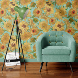 Vincent Van Gogh Sunflowers Aqua Blue Yellow Behang