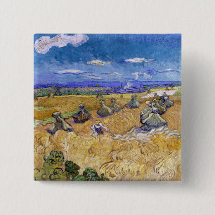 Vincent van Gogh - Tarwestapels met maaier Vierkante Button 5,1 Cm