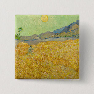 Vincent van Gogh - Tarweveld met maaier Vierkante Button 5,1 Cm