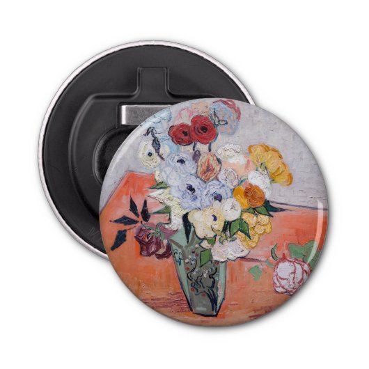 Vincent van Gogh - Vase met Rozen en Anemones Button Flesopener (Voorkant)