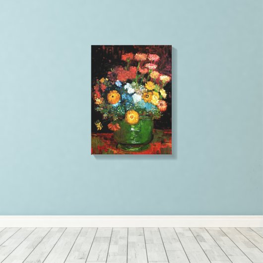 Vincent Van Gogh - Vase met Zinnias Fine Art Canvas Afdruk (Insitu (Houten vloer))