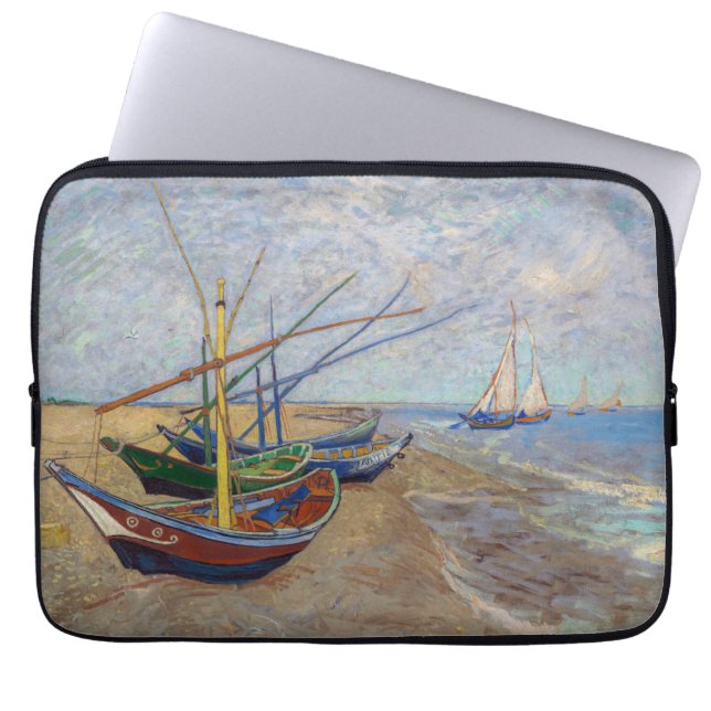 Vincent van Gogh - Vist Boats op het strand Laptop Sleeve (Voorkant)