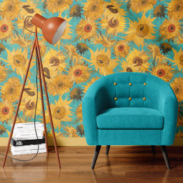 Vincent Van Gogh Zonnebloemen Turquoise Blauwe Gel Behang