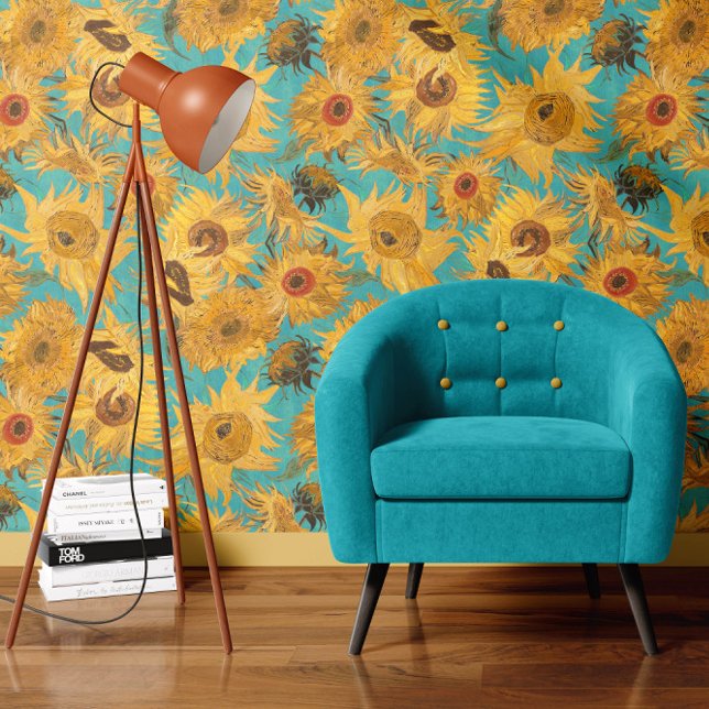 Vincent Van Gogh Zonnebloemen Turquoise Blauwe Gel Behang (Creator heeft geüpload)