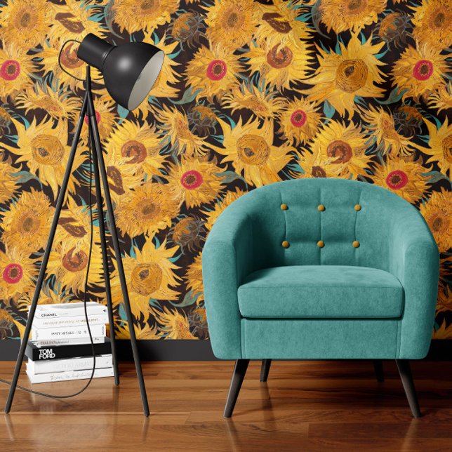 Vincent Van Gogh Zonnebloemen Zwart Geel Behang (Creator heeft geüpload)
