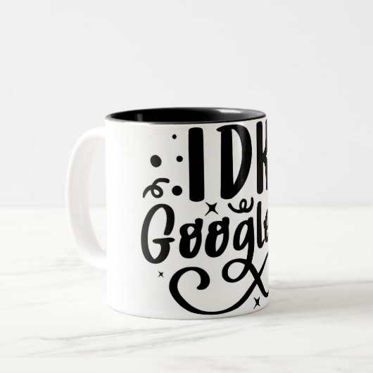 Vind Antwoorden met een glimlach: IDK Google IT Mo Tweekleurige Koffiemok (Voorkant links)