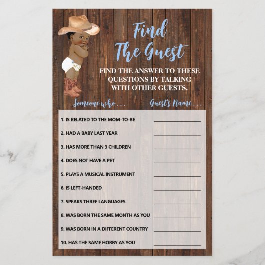 Vind de gast AA Cowboy Baby shower Game Kaart (Voorkant)