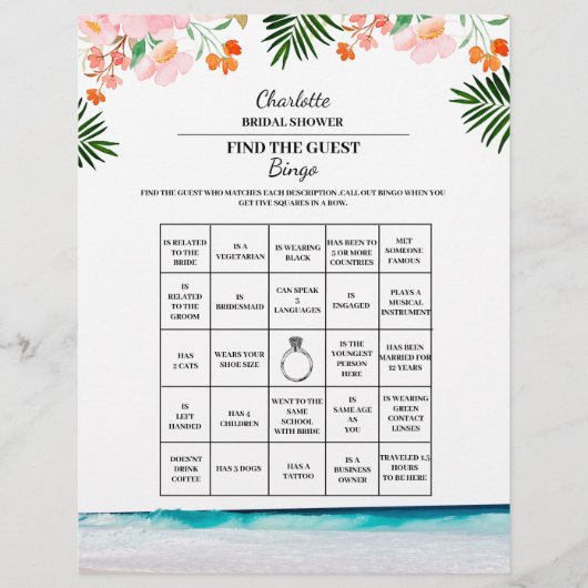 Vind De Gast Bruidsfeest Bingo Strand Thema Flyer (Voorkant)