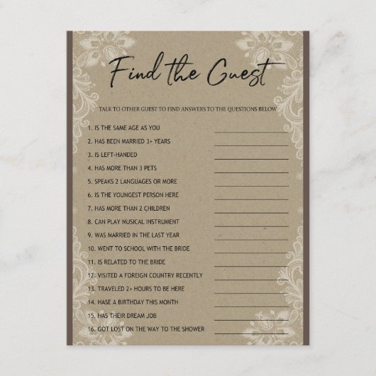 Vind de Gast Vrijgezellenfeest Game Informatiekaartje (Voorkant)