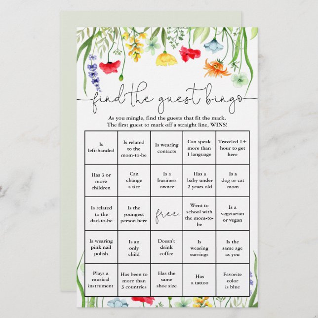 Vind de gastbingo kleurrijke wildbloemen (Voorkant / Achterkant)