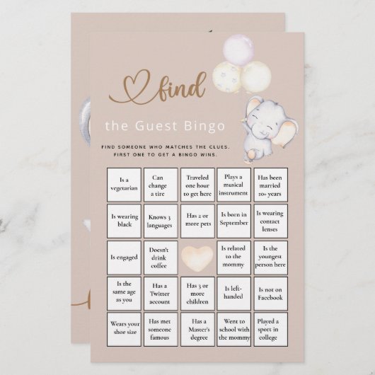 Vind het Elephant Baby shower Game van het Gast Bi (Voorkant / Achterkant)