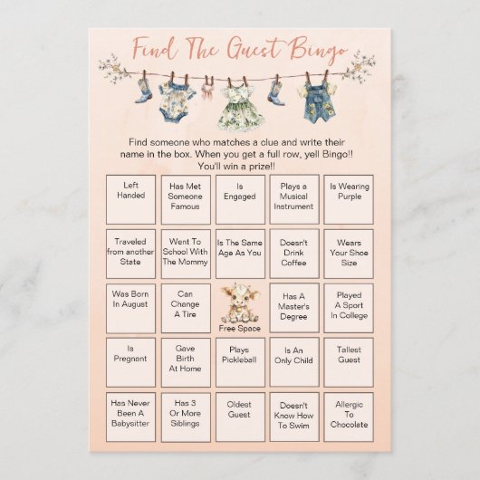 Vind het Gast Baby shower Clothesline Bingo Kaart (Voorkant)