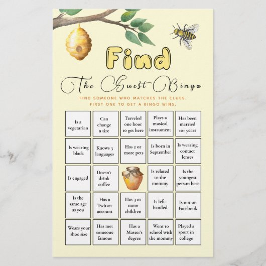 Vind het Gast Bingo Baby Bee Baby shower Game (Voorkant)